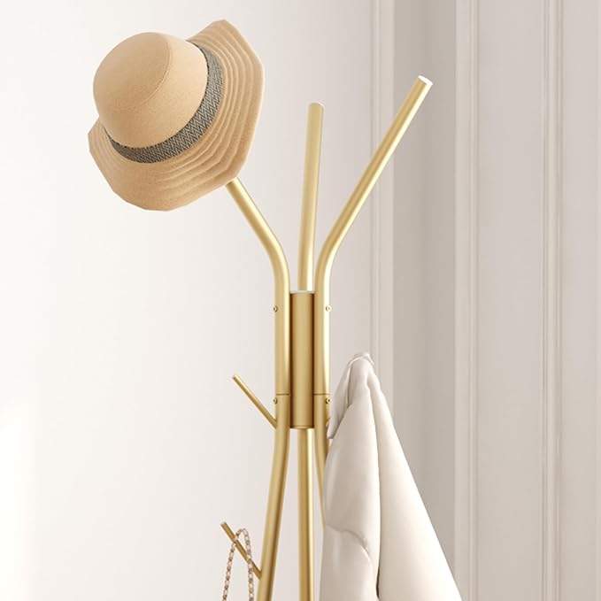HOMEFORT Coat Rack, Coat Hanger Stand with 2 Shelves, Freestanding Hall Tree, Metal Hat Hanger with 12 Hooks for Clothes Hats and Scarves (Gold)-NeatNest