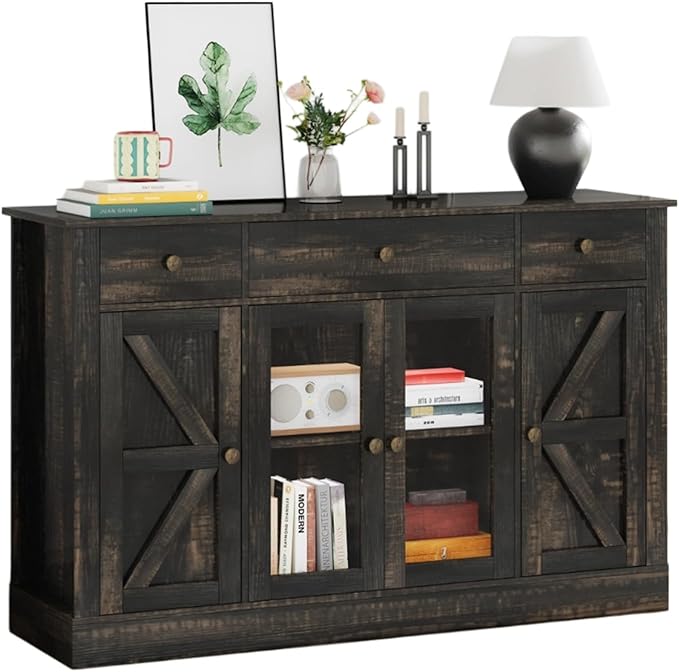 4 EVER WINNER Farmhouse Coffee Bar Cabinet, 55" Buffet Cabinet with Storage, Buffets & Sideboards with Drawers and Glass Doors for Kitchen, Living Room, Rustic Oak-NeatNest