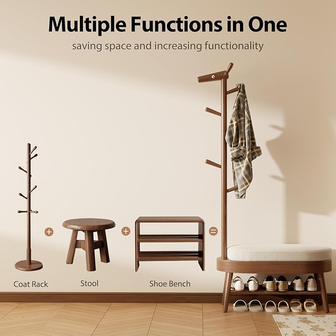 Shoe Bench Entryway,Coat Rack with Shoe Storage, Coat Rack and Shoe Rack, Wooden Narrow Shoe Bench（Walnut）