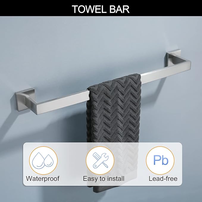 Brushed Nickel Bathroom Towel Bar Set Bathroom Accessories Hardware Set Including Towel Bar Towel Ring Coat Hook and Toilet Paper Holder with Shelf. Wall Mounted Stainless Steel-NeatNest