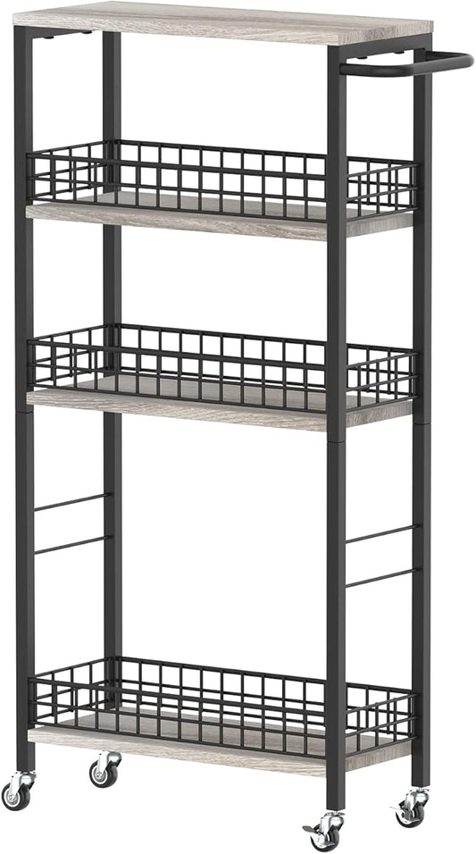 4 Tier Slim Storage Cart Narrow Laundry Cart on Wheels Utility Kitchen Rolling Cart with Wood Tabletop Mobile Shelving Unit Bathroom Storage Organizer Slide Out Rolling Tower for Narrow Spaces-NeatNest