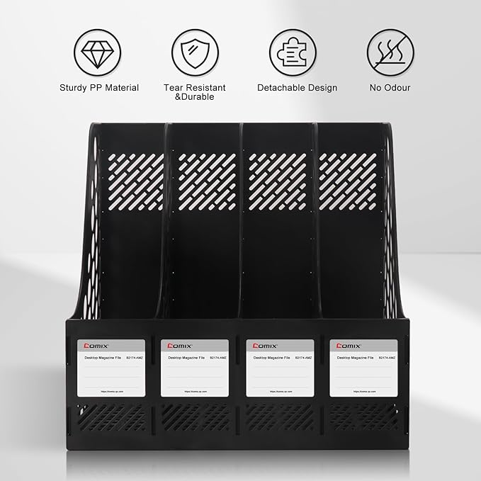 Comix Magazine File Holder Rack/Vertical Desktop File Organizer - Plastic Desk Organizer for Files, Folders, Books - 4 Compartment Binder Organizer - Black-NeatNest