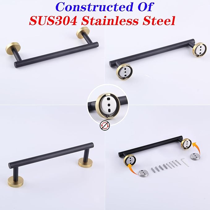GERZWY 12-Inch Bathroom Towel Bar Modern Round Style SUS 304 Stainless Steel Bath Towel Bar Wall Mount (Black & Gold) AG1101C30.5-BD