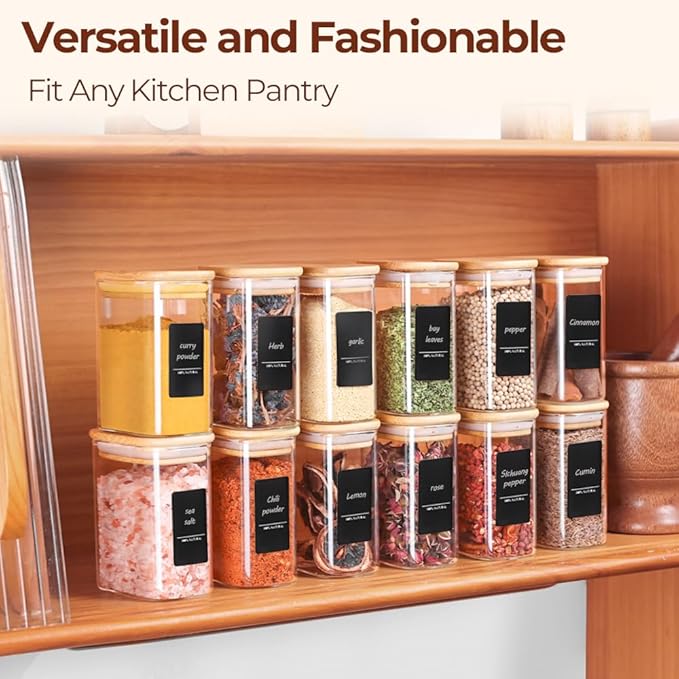 Comsaf Spice Jars with Label，8 oz Small Glass Jars with Lids, 6 Pcs Seasoning Containers, Rectangle Glass Containers with Lids, Empty Seasoning Jars for Pantry Storage, Loose Tea, Herbs, Powders, Salt-NeatNest