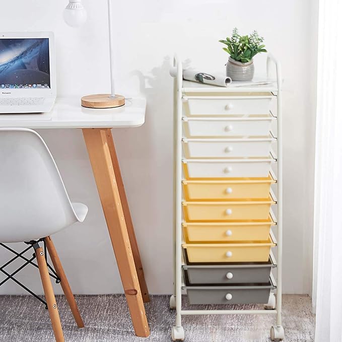 Giantex 10 Drawer Rolling Storage Cart Scrapbook Paper Office School Organizer (Beige+Yellow+Grey)