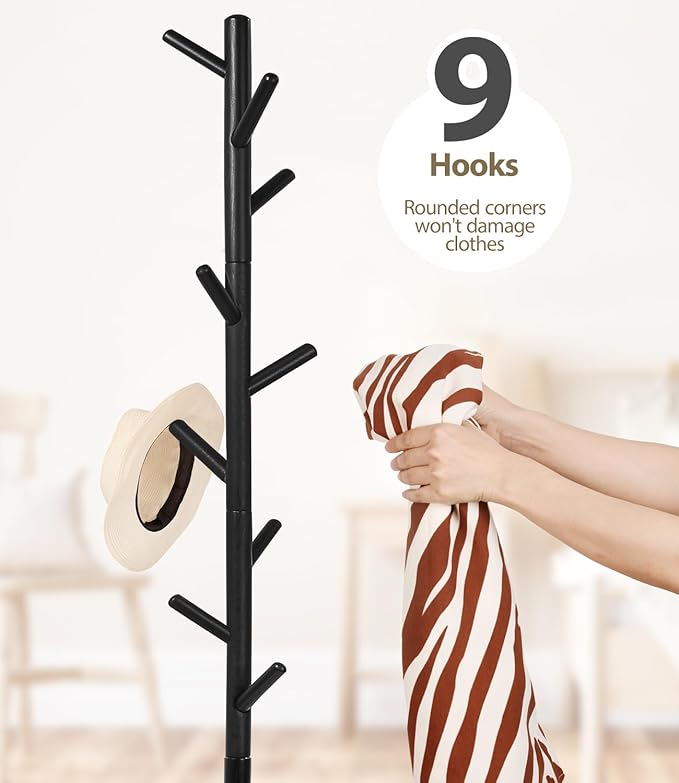 Beech Wood Coat Rack Stand with 9 Hooks, 3 Height Adjustable, simple Freestanding Solid Wooden Coat Tree Hanger for Clothes, Hats, Scarves, bags, Jackets, Bedroom, livingromm, Office (Black)-NeatNest