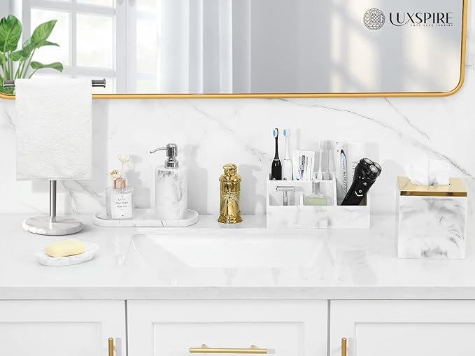 Luxspire Bathroom Counter Organizer, 5 Slot Toothbrush Holder, Marble Bathroom Accessories, Gravel White
