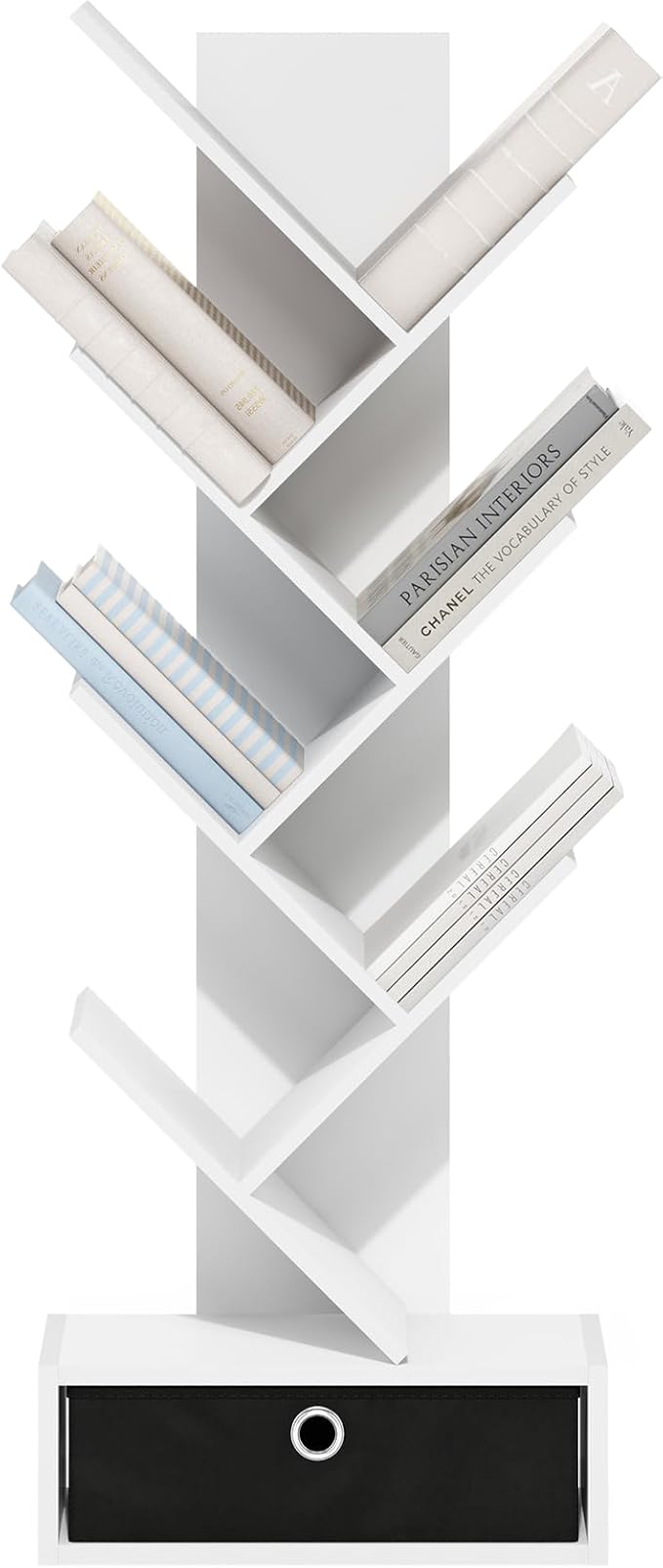 Furinno Tree Bookshelf 7-Tier Floor Standing Tree Bookcase with Bin Drawer, White/Black