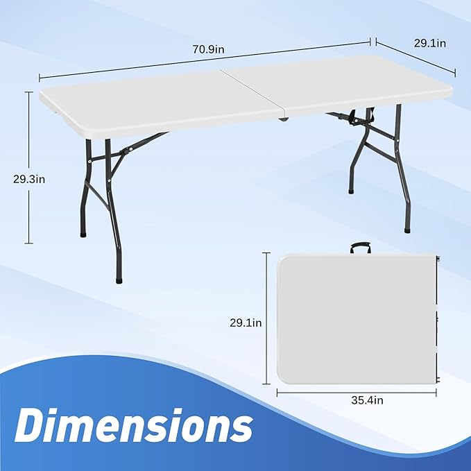 6ft Folding Table, Heavy Duty Foldable Table with Handle, Portable Fold-in-Half Utility Tables for Indoor & Outdoor Use Perfect for Camping BBQ Party Wedding Market Events, White-NeatNest