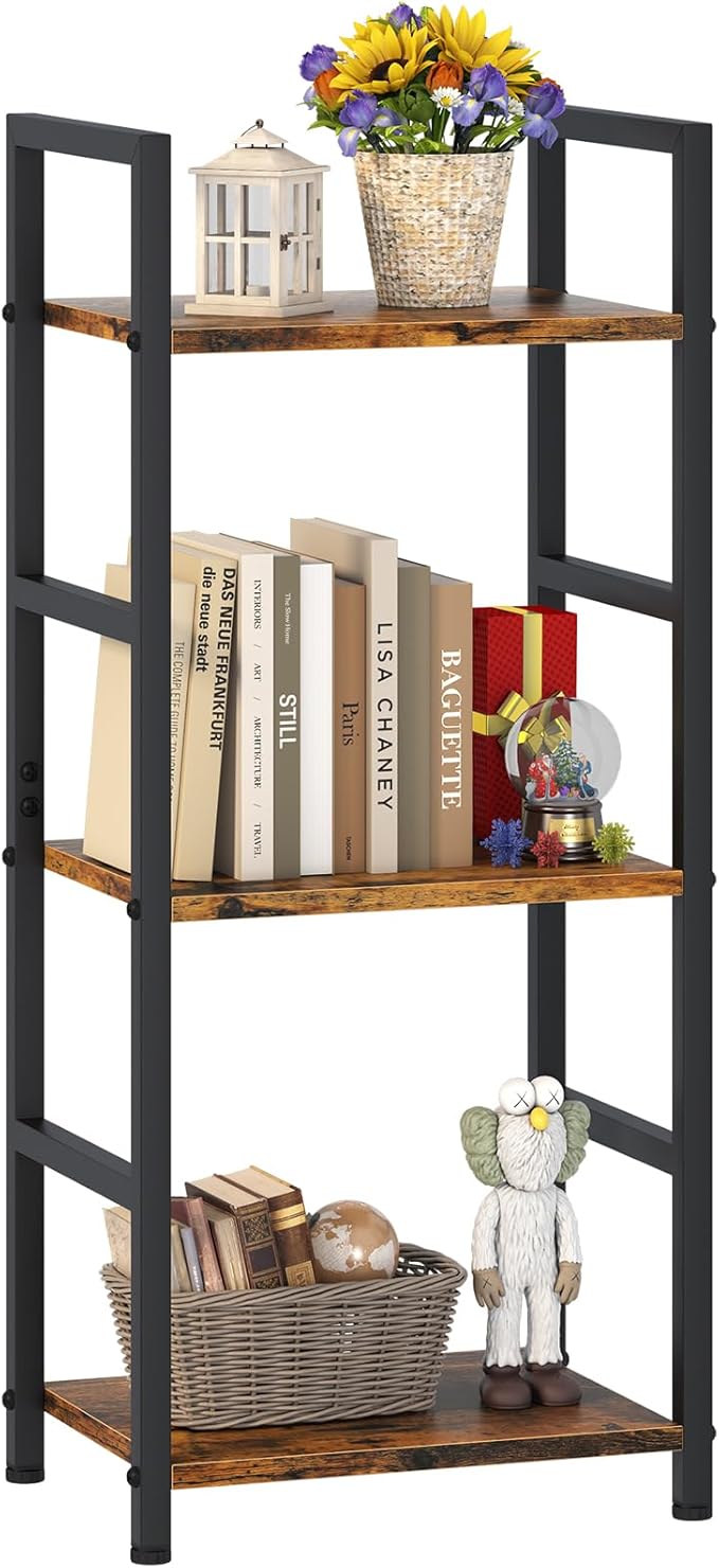 Bookshelf Storage Shelf Bookcase, 3 Tier Industrial Bookcase,Small Book case for Living Room, Bedroom, and Home Office, Easy Assembly Free Combination Multi-Functional Organizer(3 Tier,Rustic Brown)-NeatNest
