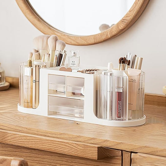 360 Rotating Makeup Brush Holder with 3 Drawers, Makeup Organizer Countertop with 10 Slots Pencil Holder for Countertop + 3 Drawer, Makeup Organizer Countertop for vanity (White (3 Drawer))-NeatNest