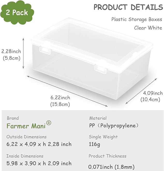 2 Pcs Rectangle Clear Plastic Beads Storage Containers Box (6.22x4.09x2.28inch) with Lid for Collecting Small Items, Beads, Game Pieces, Business Cards, Crafts Accessories-NeatNest