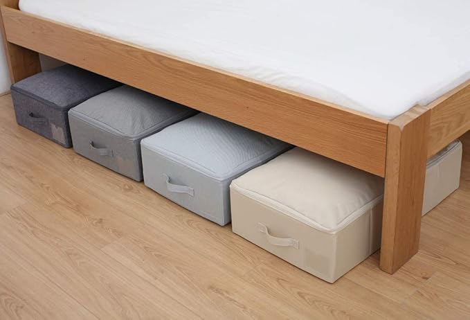 39.4" Ultra-Length Foldable & Washable Underbed Storage Organizer Containers for Clothing, Shoes, Bedding - Ideal for Bedroom, College Dorm (Black Gray), Beige-NeatNest