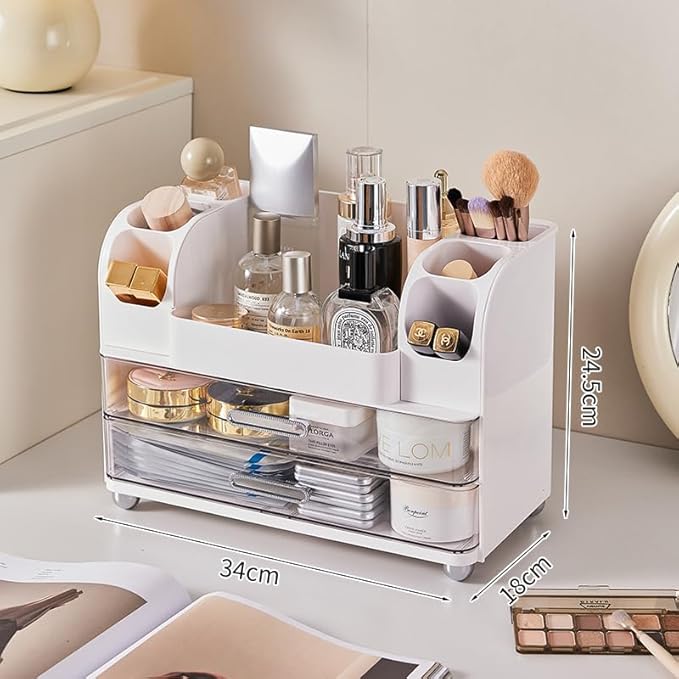 Makeup Organizer with 2 Drawers, Cosmetic Display Case, Storage Holder for Vanity, Bathroom Counter, Desk, Beauty Supplies (White)