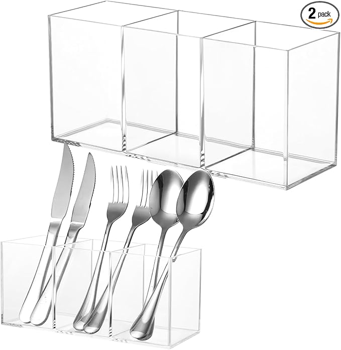 2 Pack Acrylic Cutlery Storage Organizer, Clear Silverware Holder Plastic Utensil Caddy, Cooking Flatware Dispenser with 3 Sections for Kitchen Countertop Cabinet Forks Knives Spoons Organization