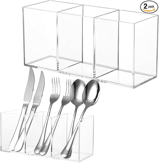 2 Pack Acrylic Cutlery Storage Organizer, Clear Silverware Holder Plastic Utensil Caddy, Cooking Flatware Dispenser with 3 Sections for Kitchen Countertop Cabinet Forks Knives Spoons Organization