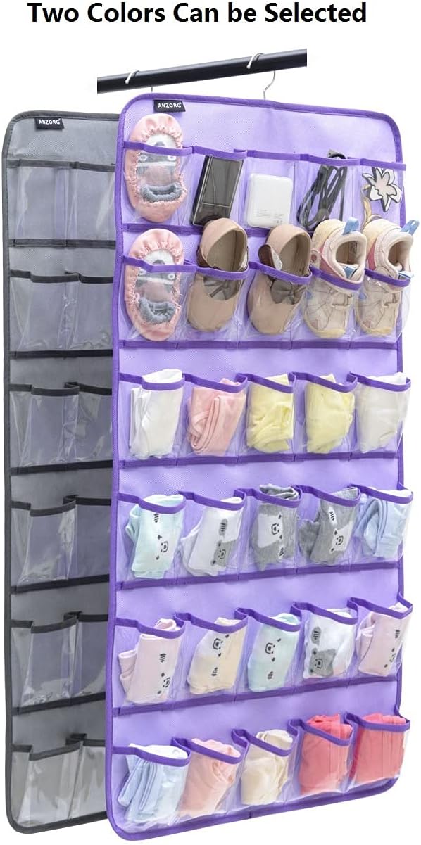 Hanging Baby Shoes Organizer Baby Headband Holder Closet Organizer for Baby Bow Socks Underwear with 30 Clear Pockets (GREY)-NeatNest