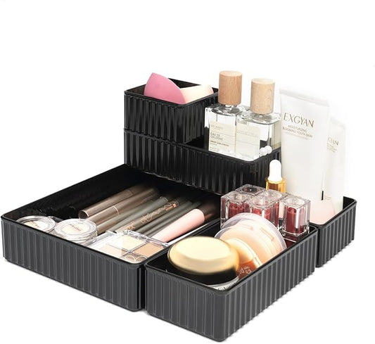 6 PCS Black Drawer Organizer Set 3-Size, Makeup Organizer,Versatile Desk and Vanity Drawer Organizer Trays, Storage Bins for Bedroom, Kitchen，Bathroom-NeatNest