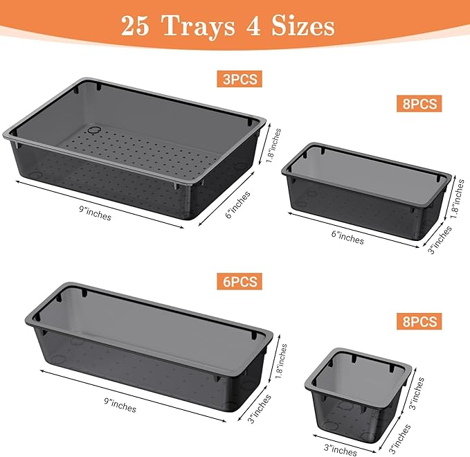 25 PCS Plastic Drawer Organizer Set, 4-Size Versatile Organizer Trays & storage Bins for Makeup, Jewelry, and Gadgets in Bathroom, Bedroom and Office,Clear Black-NeatNest