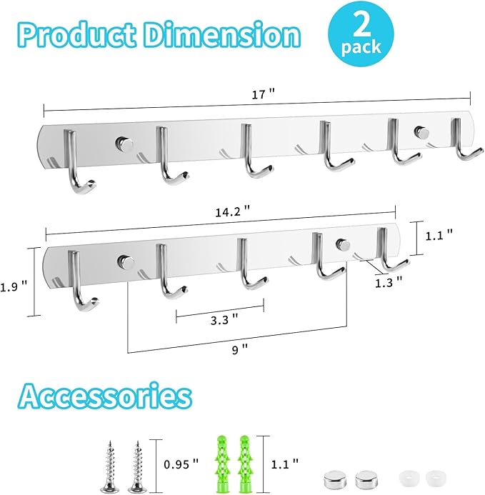 Coat Rack Wall Mount, (2-Pack) 6 Hooks for Hanging, Stainless Steel Wall Hooks-NeatNest
