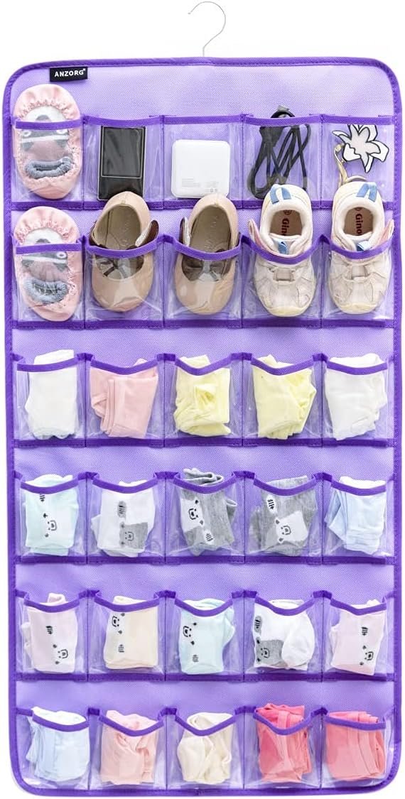 Hanging Baby Shoes Organizer Baby Headband Holder Closet Organizer for Baby Bow Socks Underwear with 30 Clear Pockets (PURPLE)-NeatNest