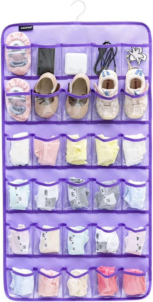 Hanging Baby Shoes Organizer Baby Headband Holder Closet Organizer for Baby Bow Socks Underwear with 30 Clear Pockets (PURPLE)-NeatNest