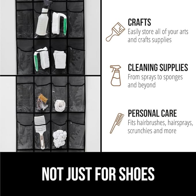 GORILLA GRIP Over the Door Shoe Organizer, 24 Large Breathable PVC Pockets, Space Saving Hanging Storage Holder, Closet Rack Hanger Holds Up to 40 lbs, Hangs on Closets for Shoes 2 Pack, Black-NeatNest