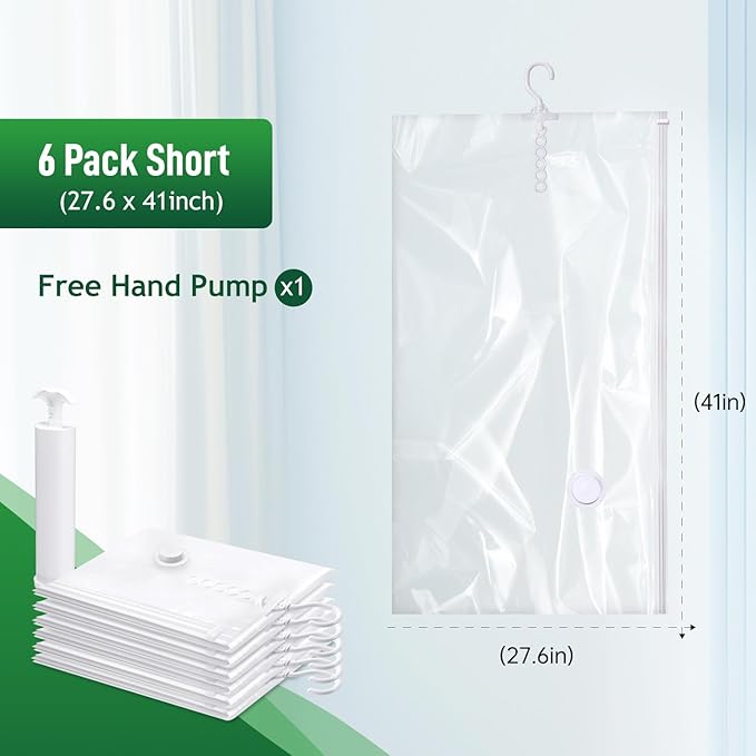 Hanging Vacuum Storage Bags For Clothes With Hand Pump,Coat Storage Bag Hanging,Vacuum Bags For Clothes,Space Saver Vacuum Storage Bags,Garment, Clothing, Dress, Suit, Long Coat, Jacket(Short 6 Pack）