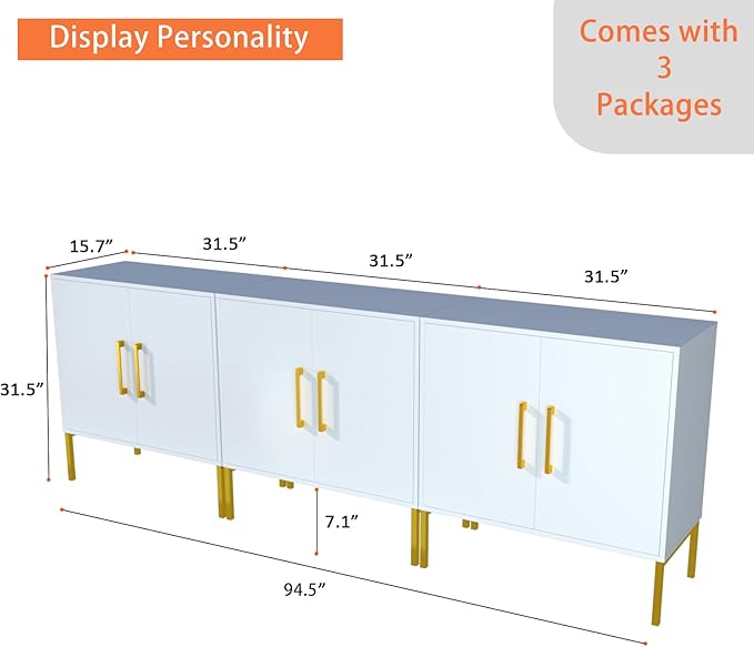 JOZZBY Buffet Sideboard Cabinet with Storage, Modern Wooden Cabinet with Adjustable Shelves, White and Gold Cabinets for Living Room, Kitchen, Hallway, Set of 3