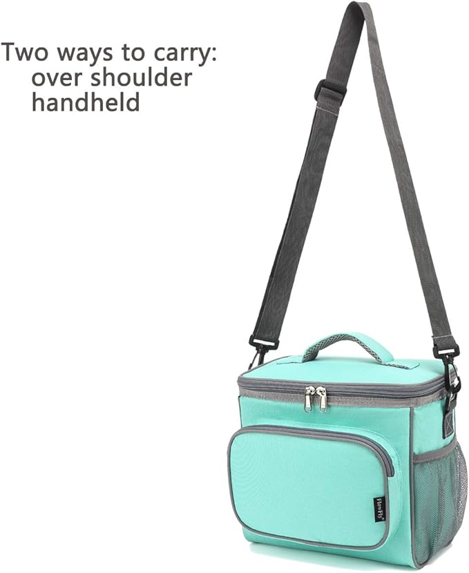 FlowFly Insulated Reusable Lunch Bag Adult Large Lunch Box for Women and Men with Adjustable Shoulder Strap,Front Zipper Pocket and Dual Large Mesh Side Pockets,Jade-NeatNest
