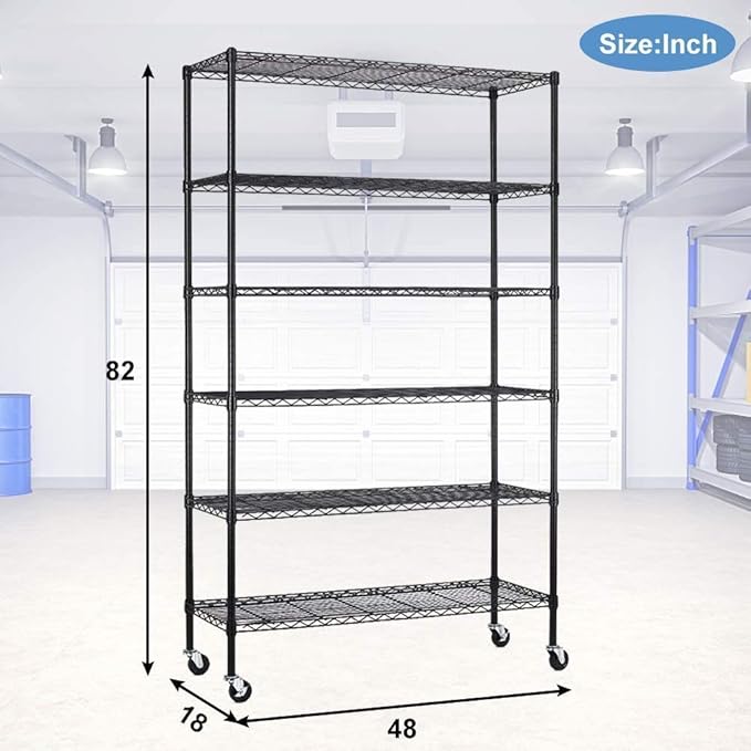 18x48x72 Inch Commercial Wire Shelving Unit with Wheels 6 Tier Heavy Duty Layer Rack Storage Metal Shelf Garage Organizer Wire Rack Shelving Adjustable Utility 2100 LBS Capacity with Casters,Black