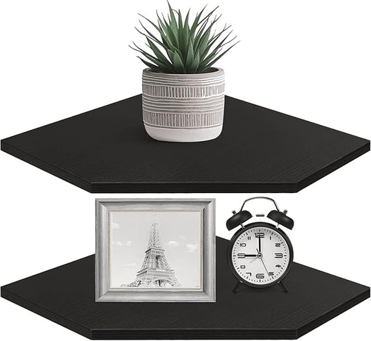 Homode Corner Shelf Wall Mount, Set of 2 Corner Floating Shelves with Wire Hole for TV, Cable Box, Wood Hanging Storage Shelf Organizer for Bathroom Kitchen Living Room Bedroom, Black-NeatNest