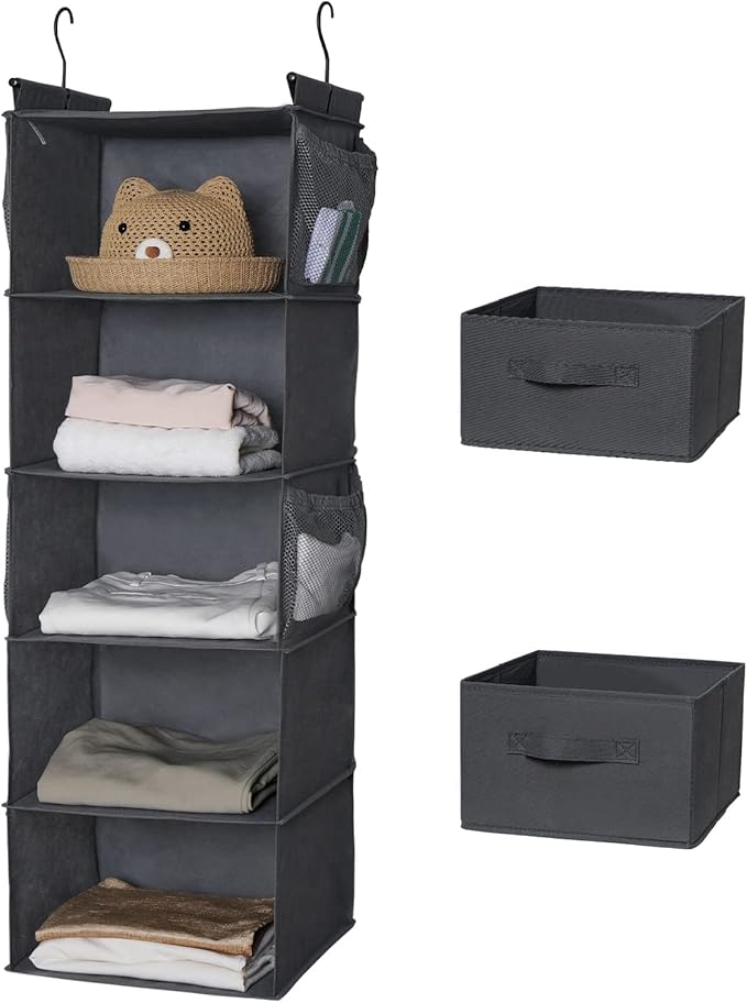 MAX Houser 5 Tier Shelf Hanging Closet Organizer, Cloth Hanging Shelf with 2 Sturdy Hooks for Storage, Foldable (Grey-D2)-NeatNest