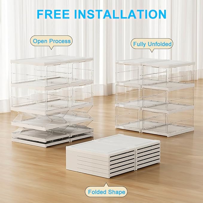 Foldable Shoe Rack Clear Collapsible Storage Box Size up to 16, Free Standing Bins Stackable Plastic with Lids Organizing Dustproof 6-Tiers-NeatNest