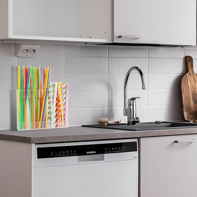 10" Straw Organizer for Cabinet - Reusable With Ultra Sticky Mount, Transparent Straw Storage Organizer for Cupboard Door, Small Kitchen Accessories Container