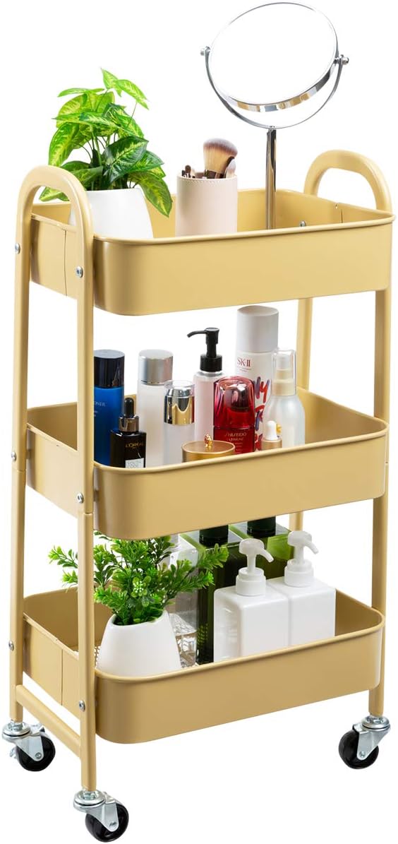 AGTEK Makeup Cart, Movable Rolling Organizer Cart, Khaki Yellow 3 Tier Metal Utility Cart-NeatNest