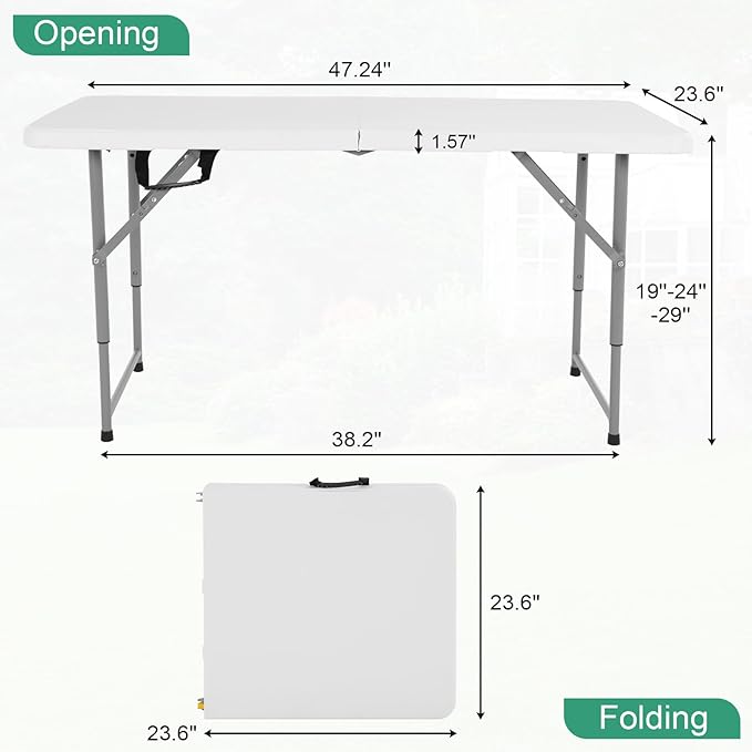 Folding Table, 4 FT Heavy Duty Plastic Foldable Table with Carrying Handle, Adjustable Height Portable Party Tables for Garden Party Picnic Camping BBQ Dining Kitchen Wedding Market Events-NeatNest