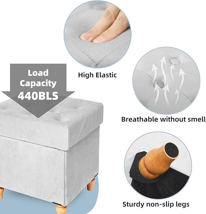 CAROLMADE Folding Storage Ottoman Cube Velvet Footstool with Wood Legs Ottoman Footrest for Living Room and Bedroom, Grey 15"x12.6"x15.4”-NeatNest