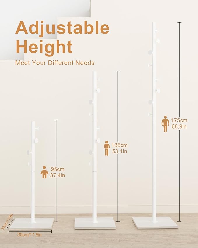 Coat Rack Freestanding, Small Standing Coat Tree with Heavy Rock Slab Base, Modern Metal Coat Hanger Stand with 8 Hooks, Garment Rack, 11.8 x 11.8 x 68.9 In, White, GYJ002W-NeatNest