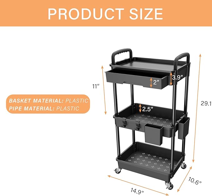 3 Tier Rolling Utility Cart with Drawer,REBECAT Utility Cart Made of Multifunctional Storage Organizer Tool for Kitchen,Bathroom,Living Room,Office(Black)-NeatNest