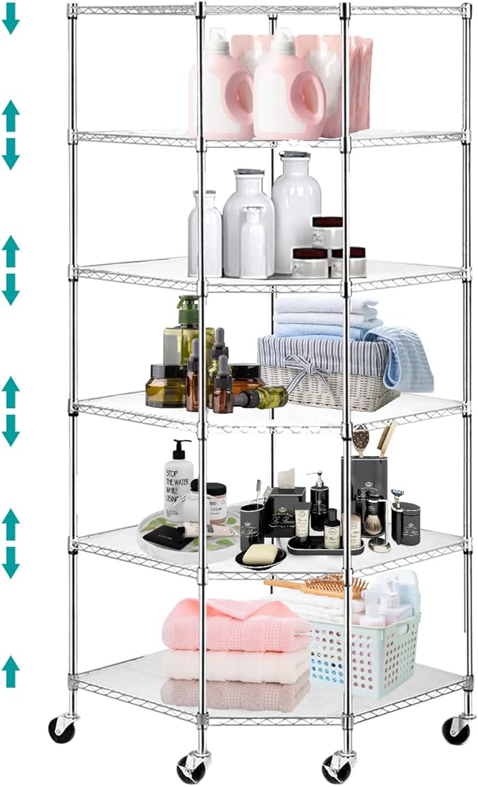 BNSPLY 6 Tier Corner Wire Shelving Unit, Adjustable Metal Storage Rack, Mobile Corner Wire Shelves for Kitchen, Laundry, Bathroom, Pantry, Closet Organization (26.7" D x 26.7" W x 71" H, Chrome)-NeatNest