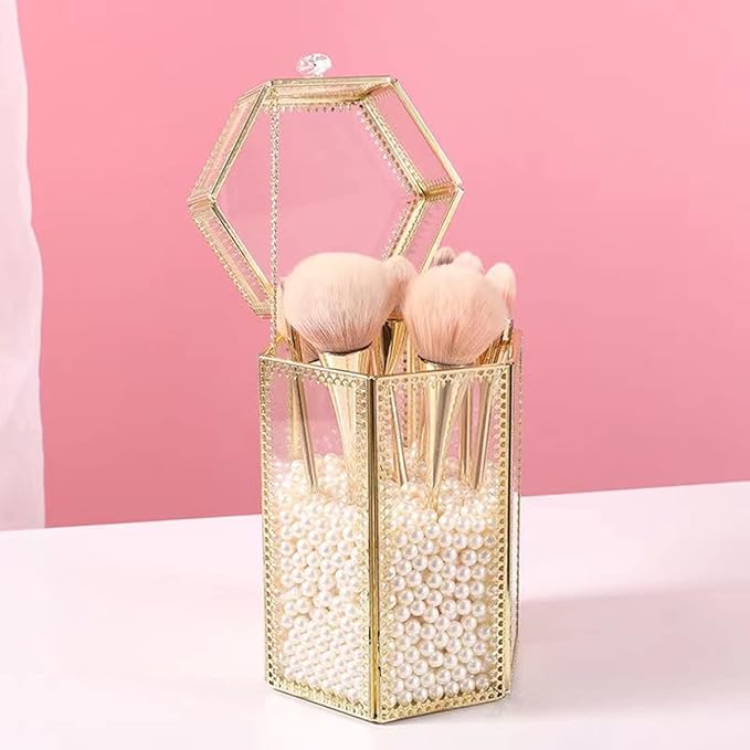 Glass Makeup Brush Holder with Lid Organizer Vintage Cosmetic Hexagonal Display Cases Brush Storage with Free White Pearls - Gold-NeatNest