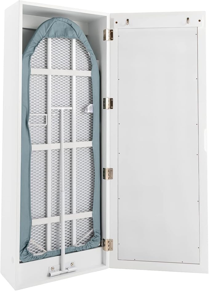 Ironing Board Cabinet Wall Mounted, Cabinet with Built-in Ironing Board, Foldable Ironing Storage Station with Mirror for Home, Apartment & Small Spaces, Easy-Release Lever