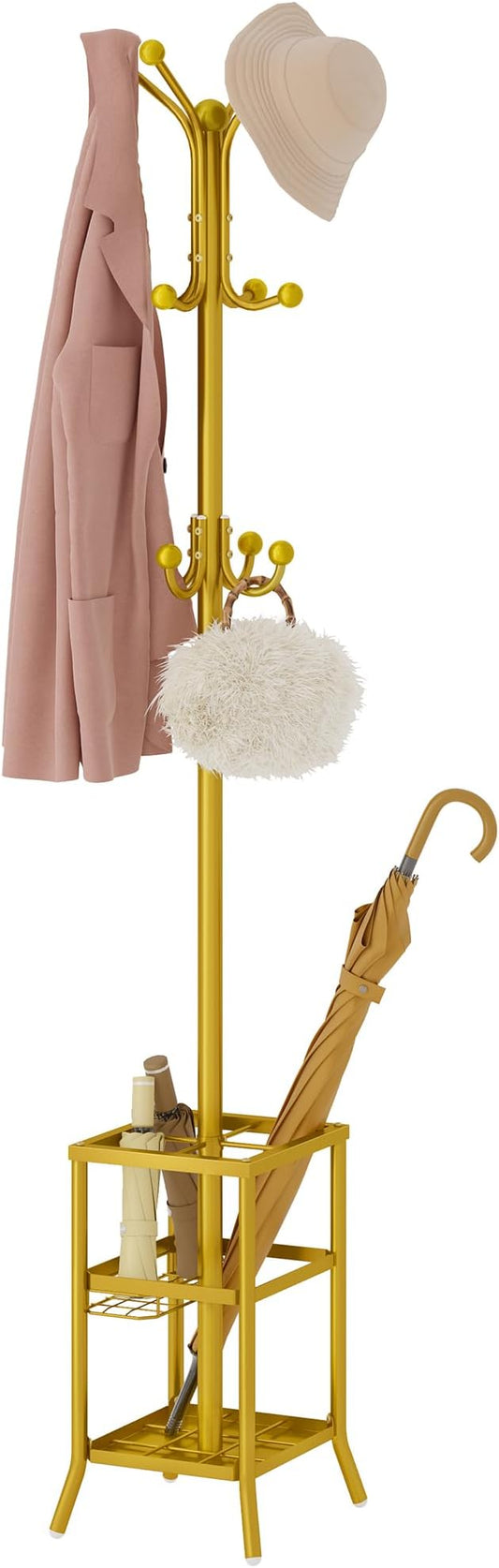 FAVOOSTY Coat Rack Freestanding,Coat Rack Stand with Umbrella Holder,Metal Coat Tree with 12 Hooks,Tree Clothes Hat for Entryway, Hallway, Bedroom, Living Room & Office -Glod-NeatNest
