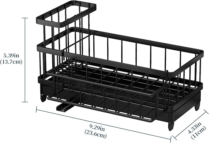 Consuemst Sponge Holder for Kitchen Sink - Auto Draining Sink Caddy Organizer with Detachable Rack, High Brush Holder, Kitchen Countertop Storage Accessories, Black-NeatNest