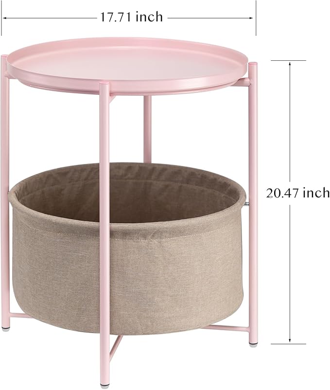 danpinera Round Side Table with Fabric Storage Basket, Metal Side Table Small Bedside Nightstand with Removable Tray Top for Living Room, Bedroom, Nursery, Laundry, Light Pink-NeatNest