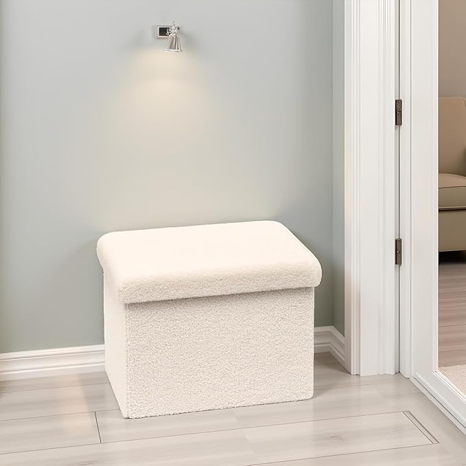 16.5 Folding Storage Ottoman Cube - Small Footrest with Sherpa Top, Multi-Functional Storage for Bedroom, Living Room,White