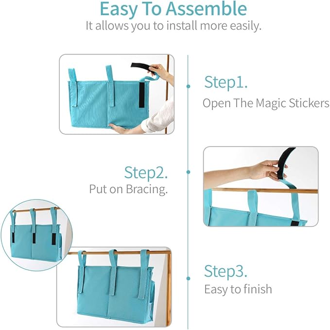 Bseash Bunk Bed Organizer, Bedside Caddy Hanging Bed Organizer Storage Bag 8 Pockets, for College Dorm Rooms Bed, Hospital Bed, Baby Bed Rails, 600D Oxford Cloth (Light Blue)-NeatNest