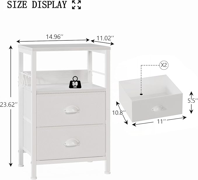 Furologee Nightstands Set of 2, End Table with 2 Fabric Drawers, Night Stand with 2 Hooks, Open Wood Shelf Bedside Table for Bedroom/Living Room/White