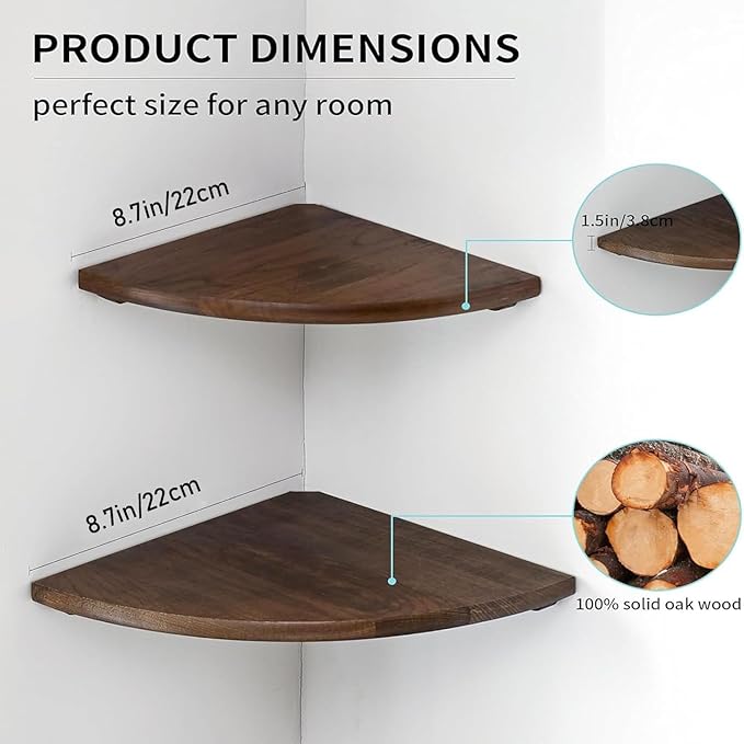 Corner Shelves, Floating Corner Shelf, Set of 2 Solid Oak Wood Wall Shelves, Round End Wall Mount with Wire Hole Shelving for Small Plant for Bedroom Kitchen, Living Room Walnut 8.7”-NeatNest
